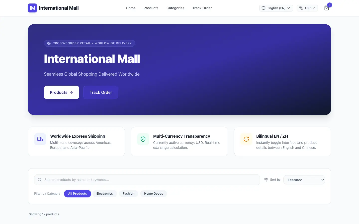 Storefront homepage with a bilingual header, currency switcher, and a grid of electronics, fashion and home products