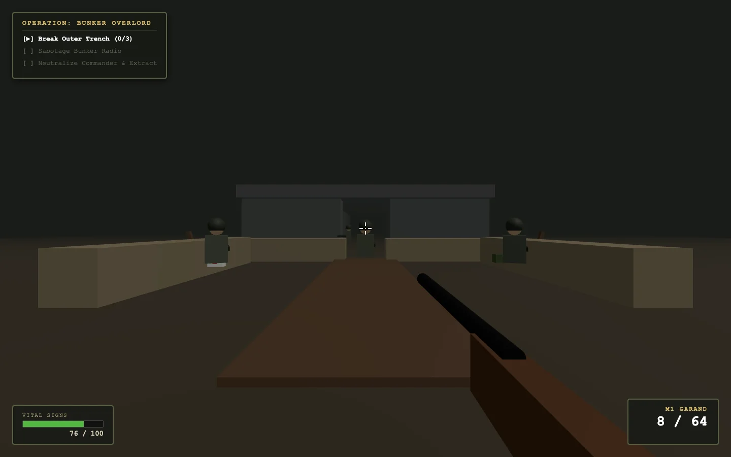 In-game first-person view of a rifle in a trench, a bunker ahead and mission objectives at the top left